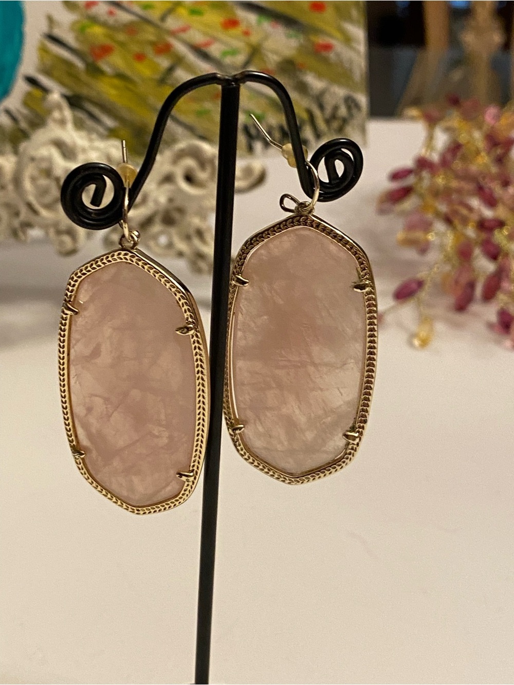 Rose Quartz Gold Tone Dangle Earrings